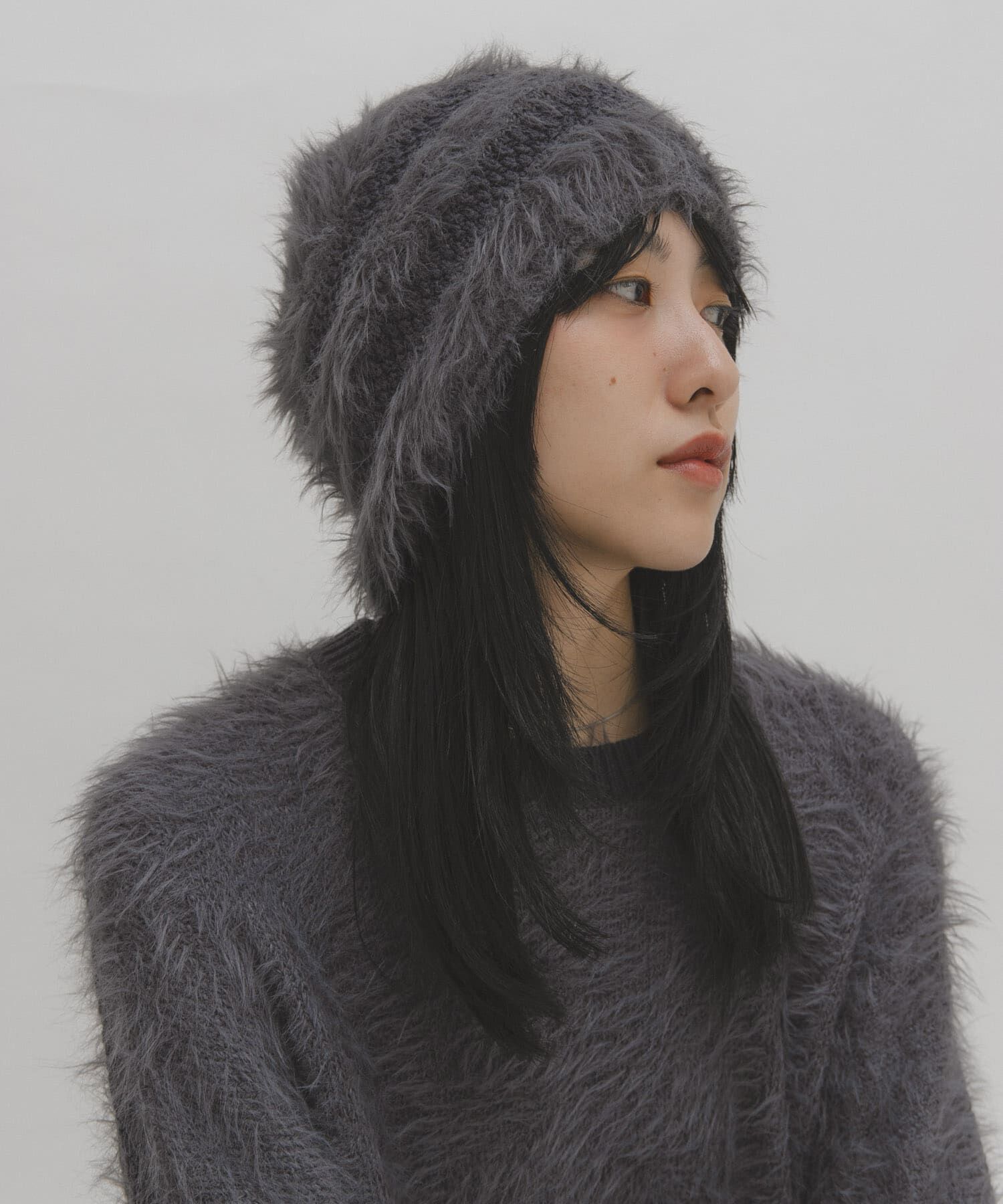  「ラインデザインシャギーニットビーニー」|ニット帽|