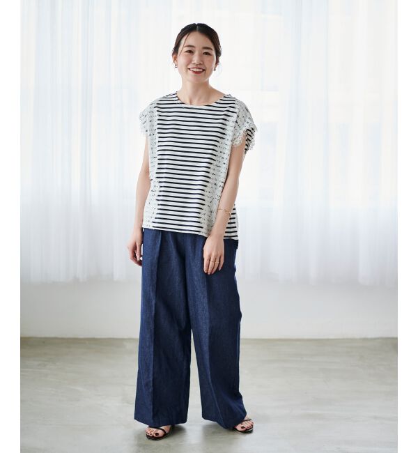 le.coeur blanc「《手洗い可能》Perle Peche ボーダー&times;レースカットソー」|Tシャツ・カットソー|