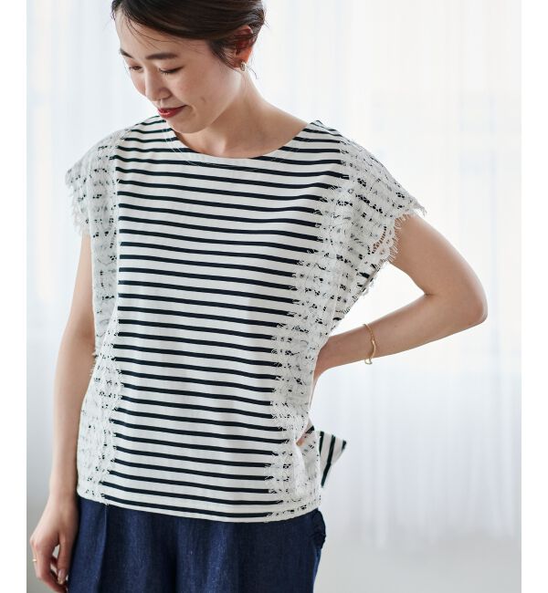 le.coeur blanc「《手洗い可能》Perle Peche ボーダー&times;レースカットソー」|Tシャツ・カットソー|