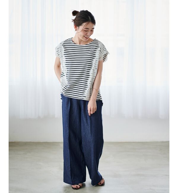 le.coeur blanc「《手洗い可能》Perle Peche ボーダー&times;レースカットソー」|Tシャツ・カットソー|