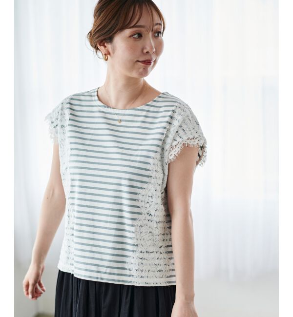 le.coeur blanc「《手洗い可能》Perle Peche ボーダー&times;レースカットソー」|Tシャツ・カットソー|