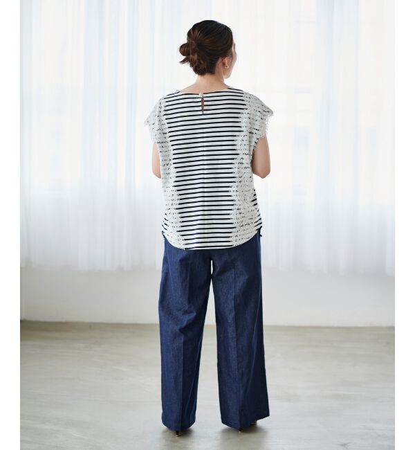 le.coeur blanc「《手洗い可能》Perle Peche ボーダー&times;レースカットソー」|Tシャツ・カットソー|