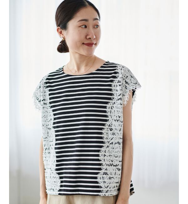 le.coeur blanc「《手洗い可能》Perle Peche ボーダー&times;レースカットソー」|Tシャツ・カットソー|