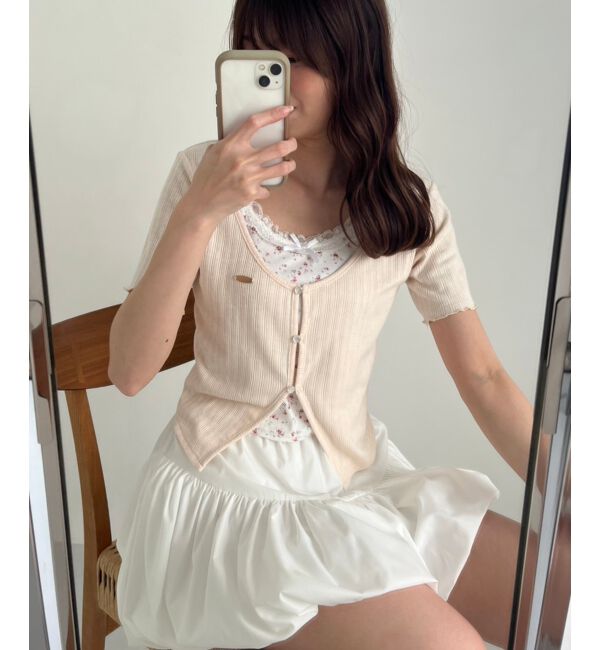  「キャミレイヤードライク半袖トップス」|Tシャツ・カットソー|ピンク柄