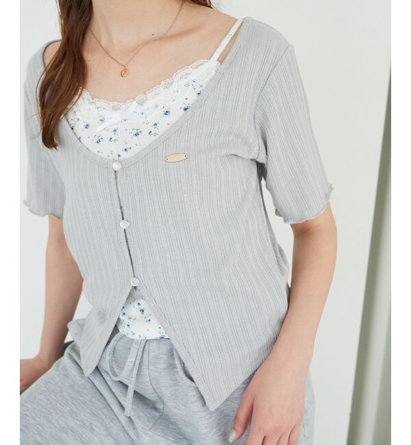  「キャミレイヤードライク半袖トップス」|Tシャツ・カットソー|ブルー柄