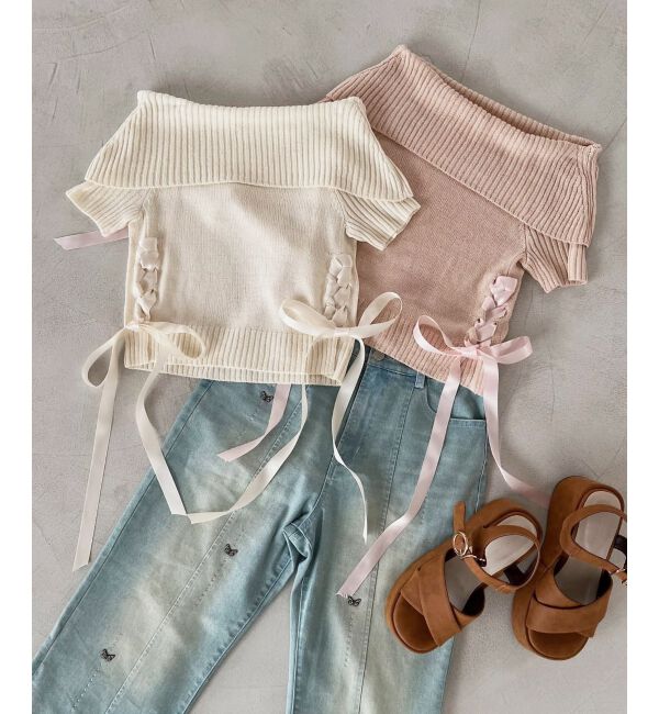  「レースアップオフショルニット」|ニット・セーター|