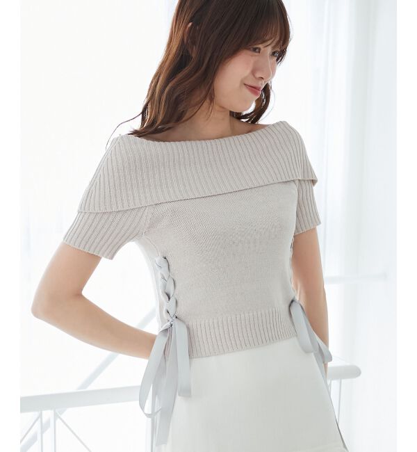  「レースアップオフショルニット」|ニット・セーター|グレー
