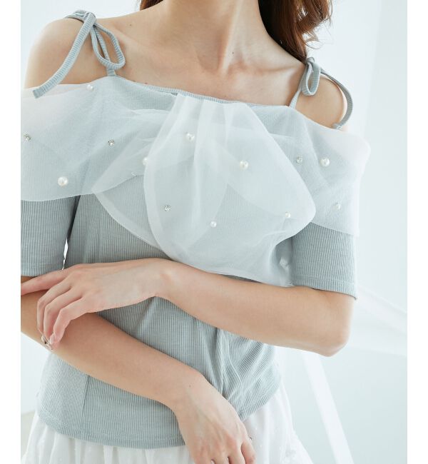  「キラキラビジューオフショルトップス」|Tシャツ・カットソー|グレー