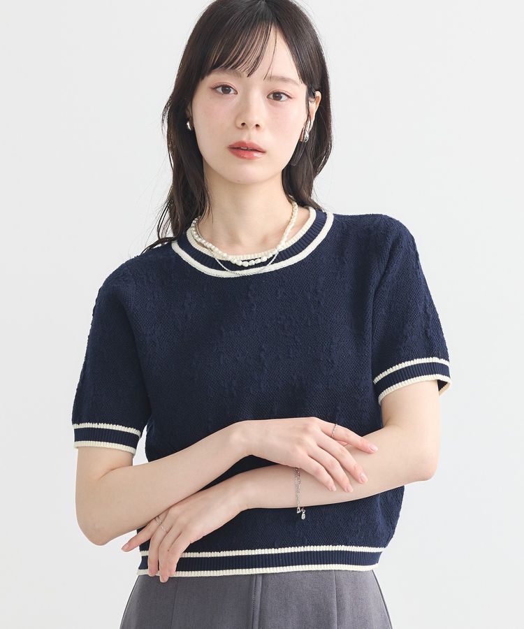 earth music&ecology「バイカラーフラワージャガードニットプルオーバー」|ニット・セーター|Dark Navy