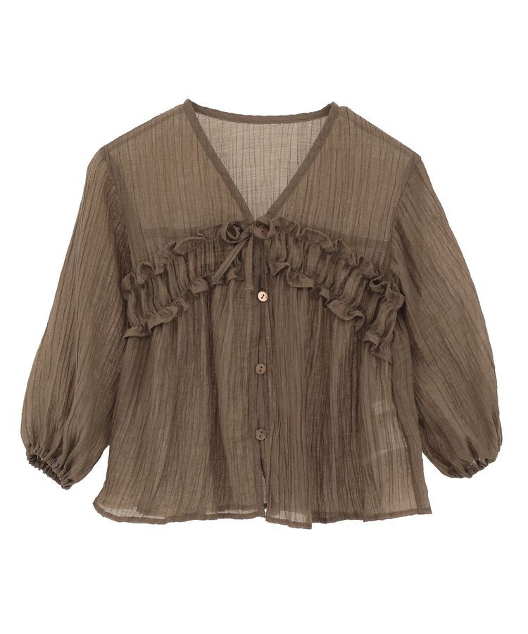 Green Parks「kids Vネックフリルシアープリーツブラウス」|シャツ・ブラウス|Brown