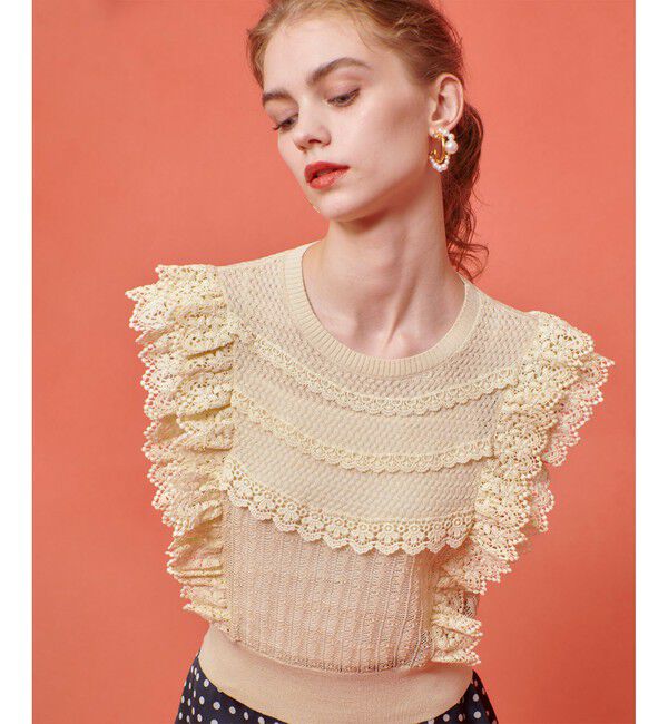 LOULOU WILLOUGHBY「【LOULOU WILLOUGHBY】レースフリルニットプルオーバー」|ニット・セーター|