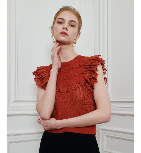LOULOU WILLOUGHBY「【LOULOU WILLOUGHBY】レースフリルニットプルオーバー」|ニット・セーター|オレンジ系