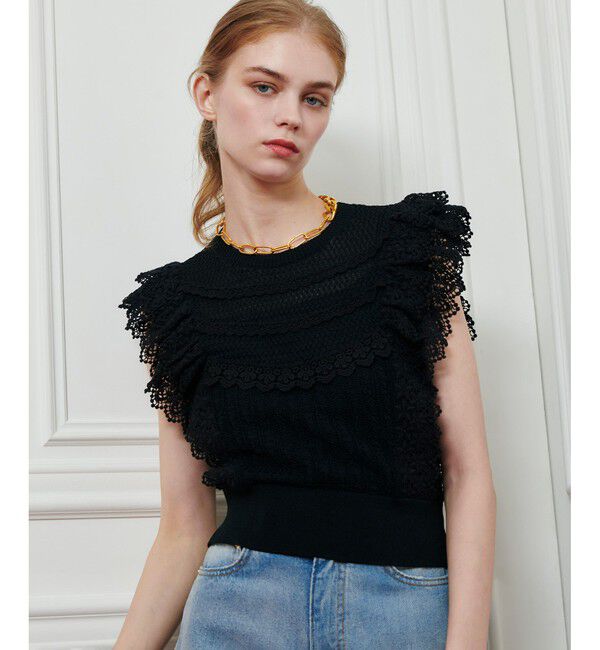 LOULOU WILLOUGHBY「【LOULOU WILLOUGHBY】レースフリルニットプルオーバー」|ニット・セーター|ブラック