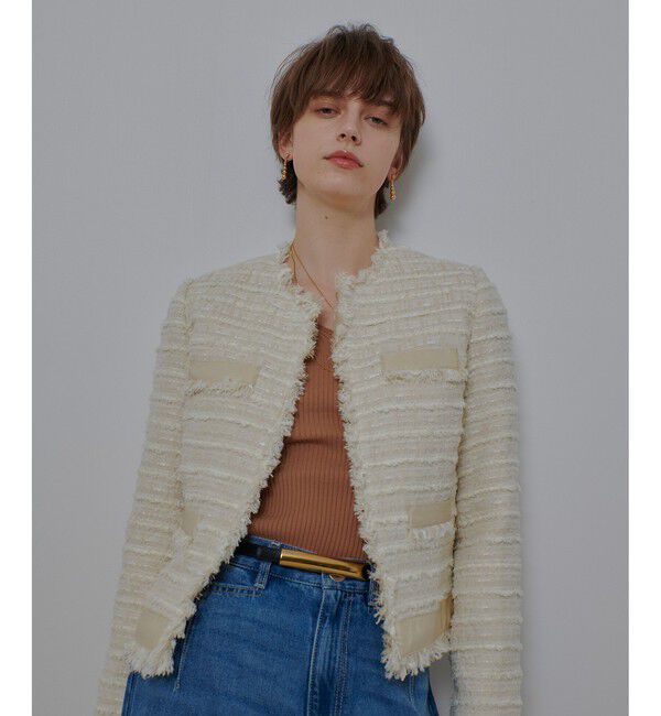 allureville「ジオリカツイードラウンドネックジャケット」|ノーカラージャケット|アイボリー