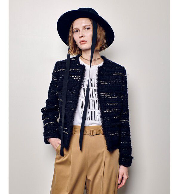 allureville「ジオリカツイードラウンドネックジャケット」|ノーカラージャケット|