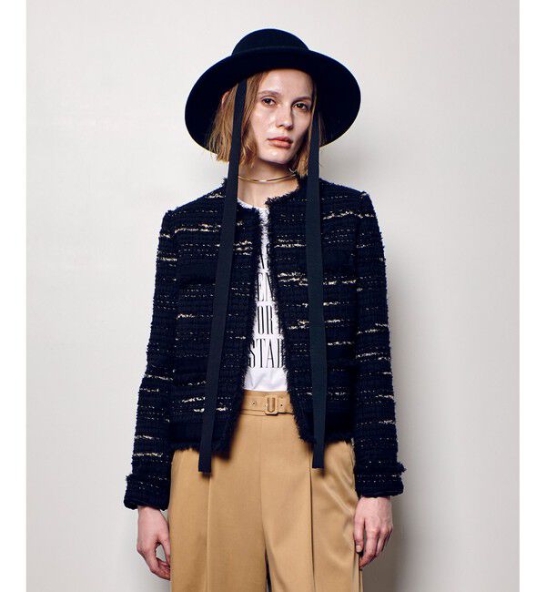 allureville「ジオリカツイードラウンドネックジャケット」|ノーカラージャケット|