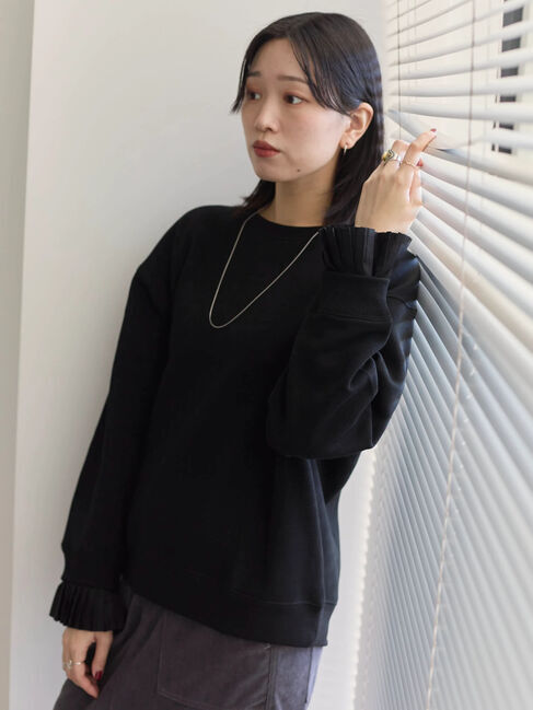 Samansa Mos2 blue「袖プリーツ裏起毛スウェット」|Tシャツ・カットソー|