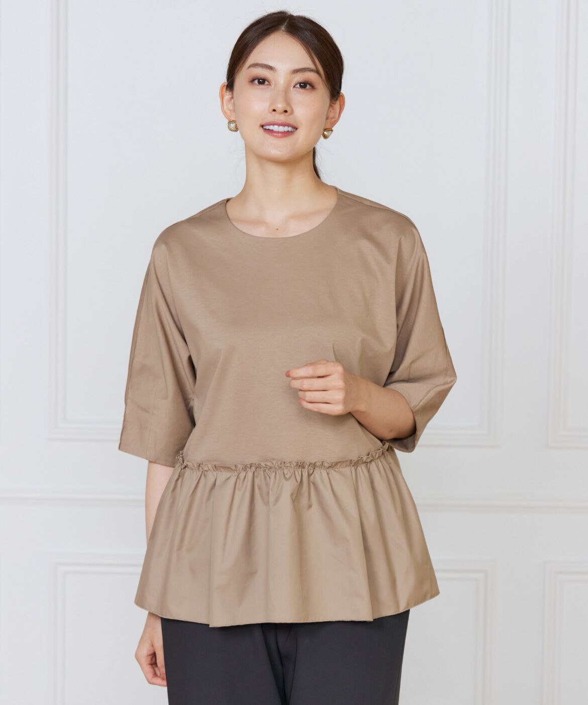 Le Souk「《大きいサイズ》異素材フリルカットプルオーバー」|Tシャツ・カットソー|