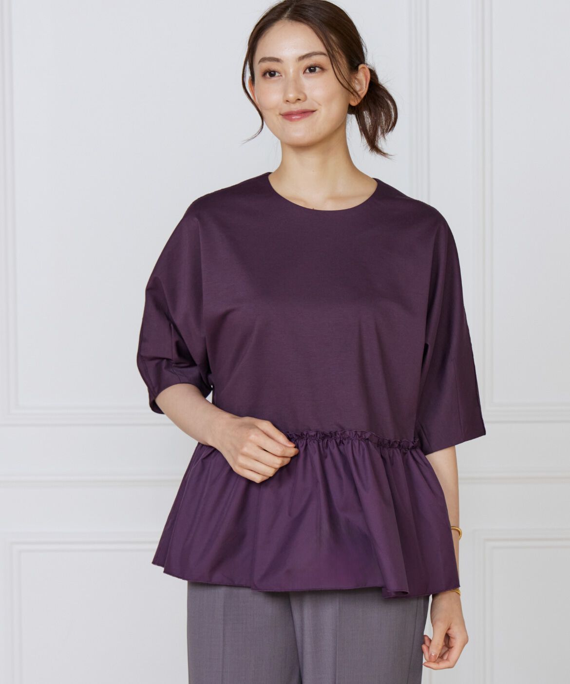Le Souk「《大きいサイズ》異素材フリルカットプルオーバー」|Tシャツ・カットソー|パープル2