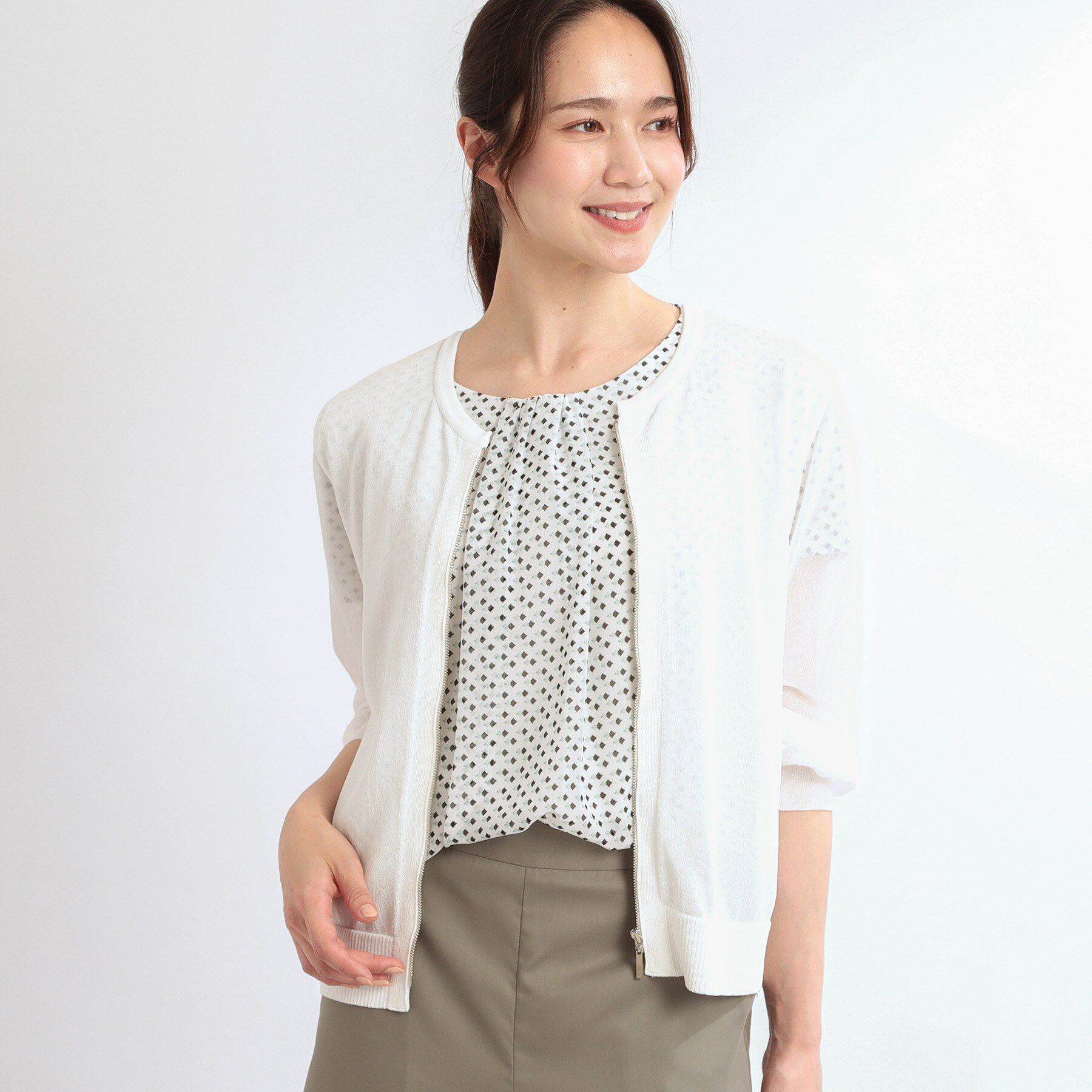 Reflect「【手洗い可】ジップアップニットカーディガン」|カーディガン|オフホワイト(003