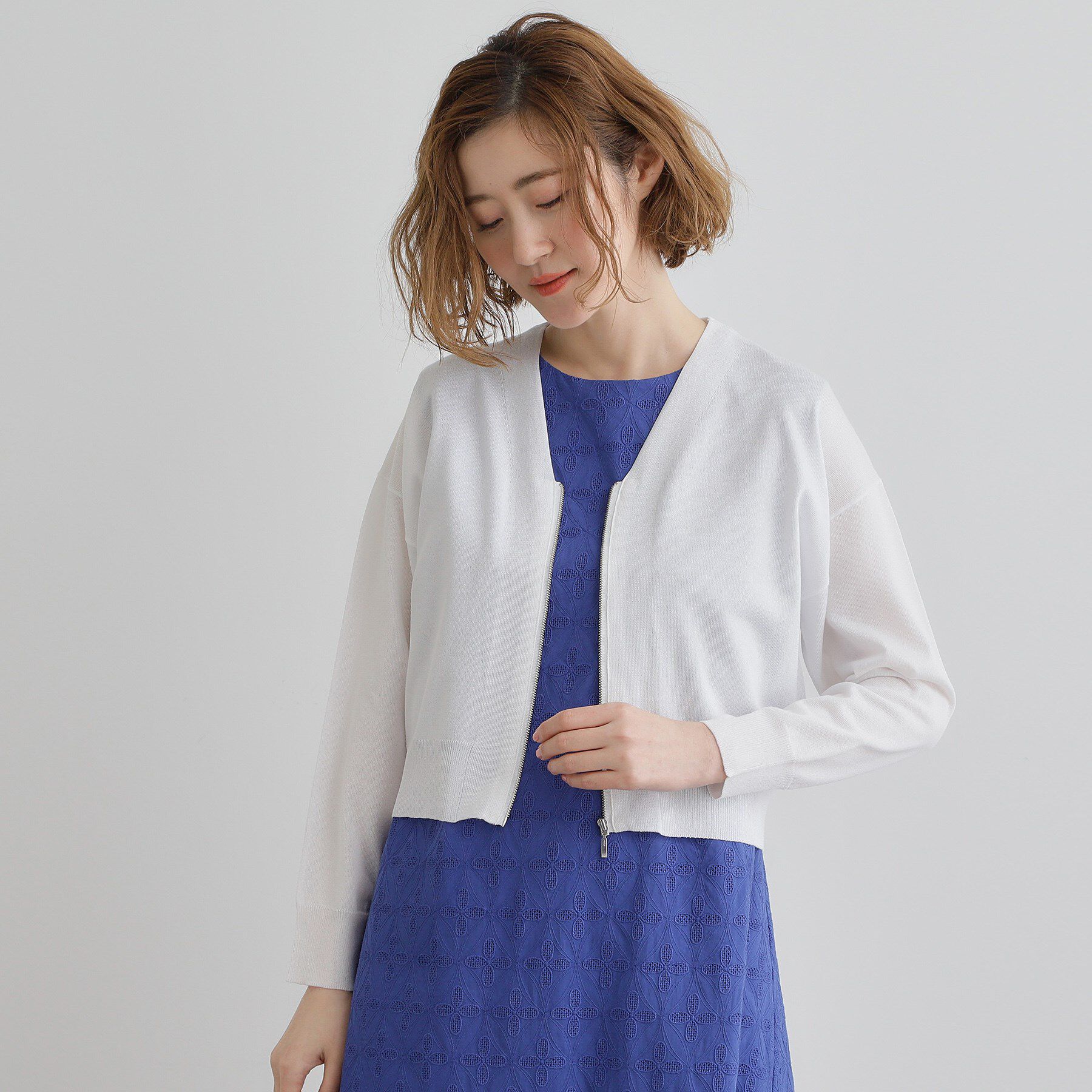 grove「【洗える】シアーニットジップカーディガン」|カーディガン|ホワイト(001)