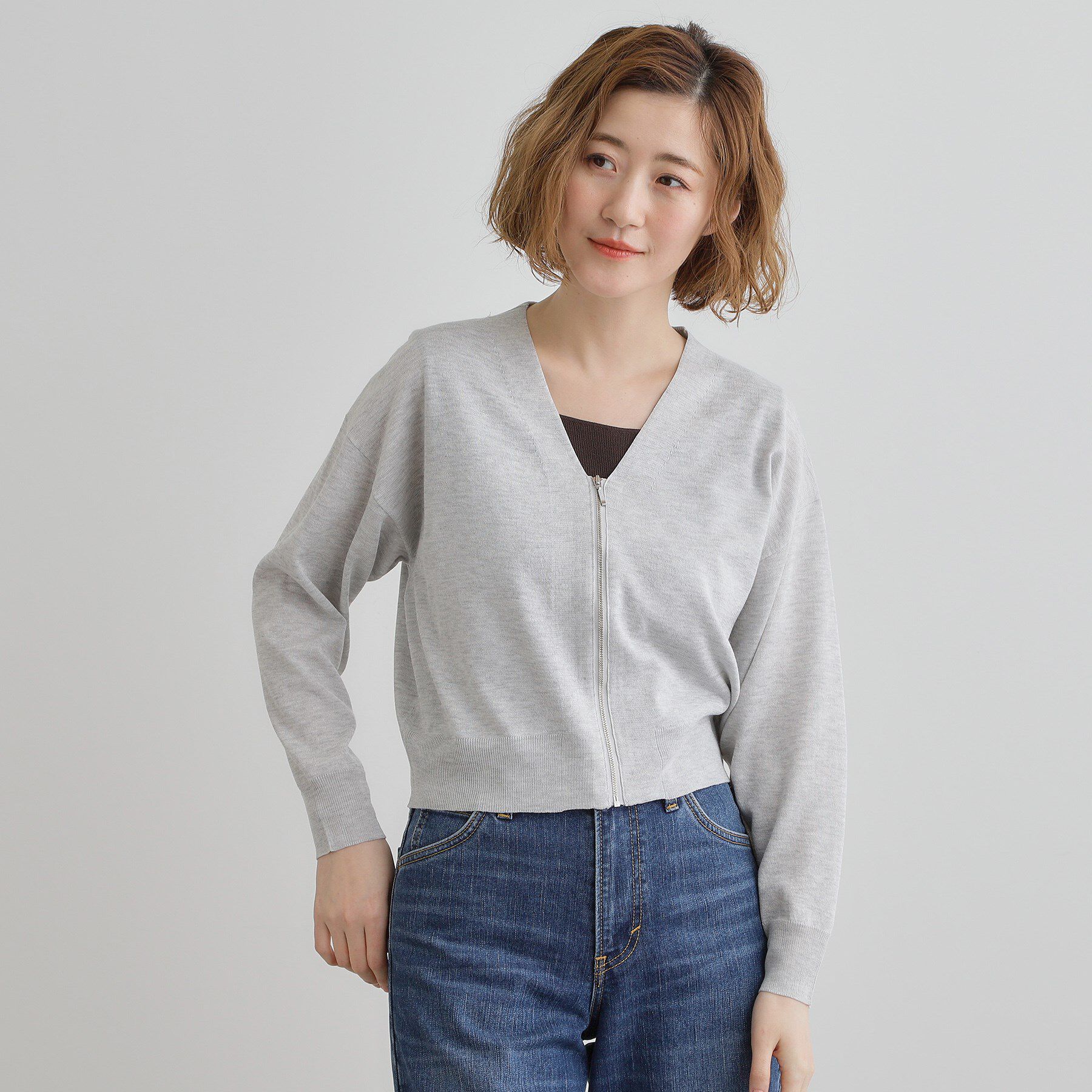 grove「【洗える】シアーニットジップカーディガン」|カーディガン|