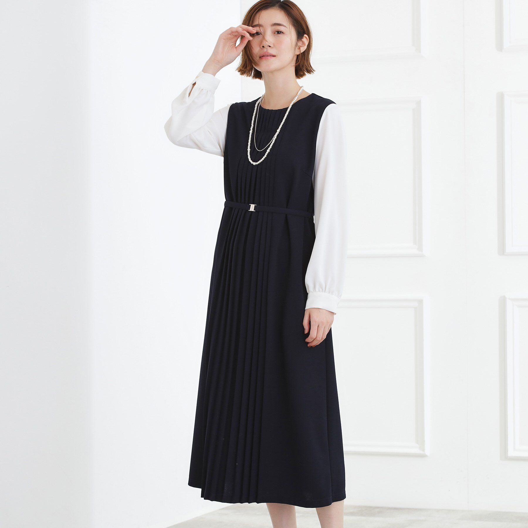 grove「【手洗いOK】フロントプリーツ袖コンシャスワンピース」|ワンピース|ネイビー(094)