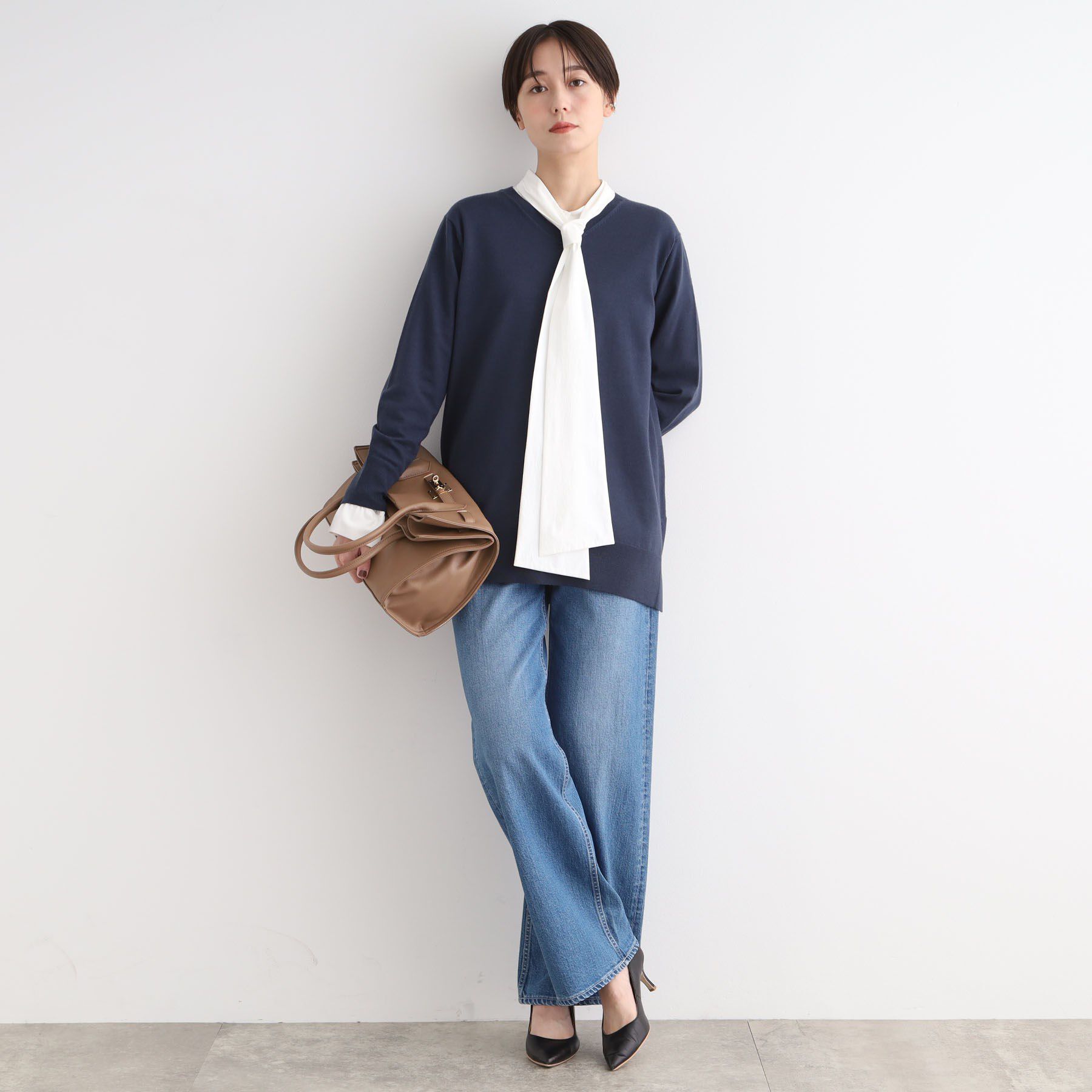 INDIVI「【洗える／チュニック丈／ボーダー柄】スリットデザインVネックニット」|ニット・セーター|