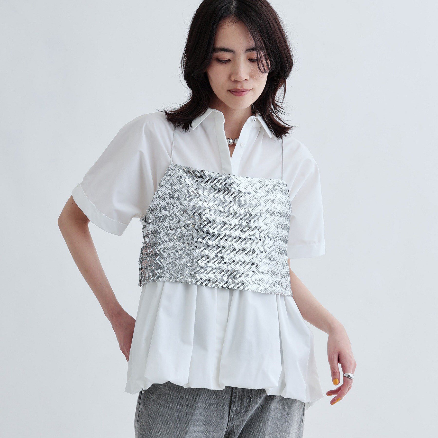 GALLEST「バルーンペプラムハーフ袖ブラウス」|シャツ・ブラウス|ホワイト(001)