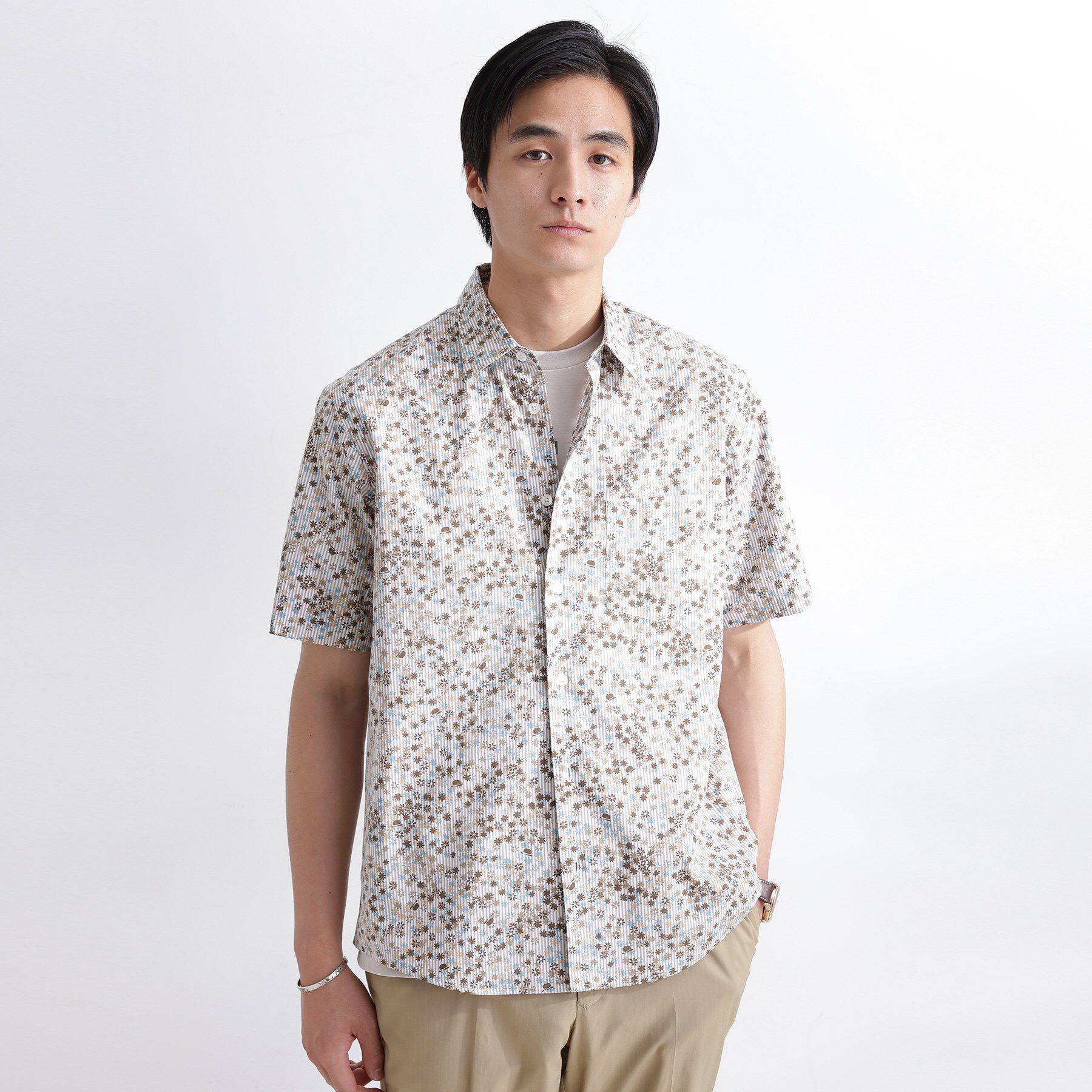 TAKEO KIKUCHI「ストライプ小花プリント 半袖シャツ」|シャツ・ブラウス|