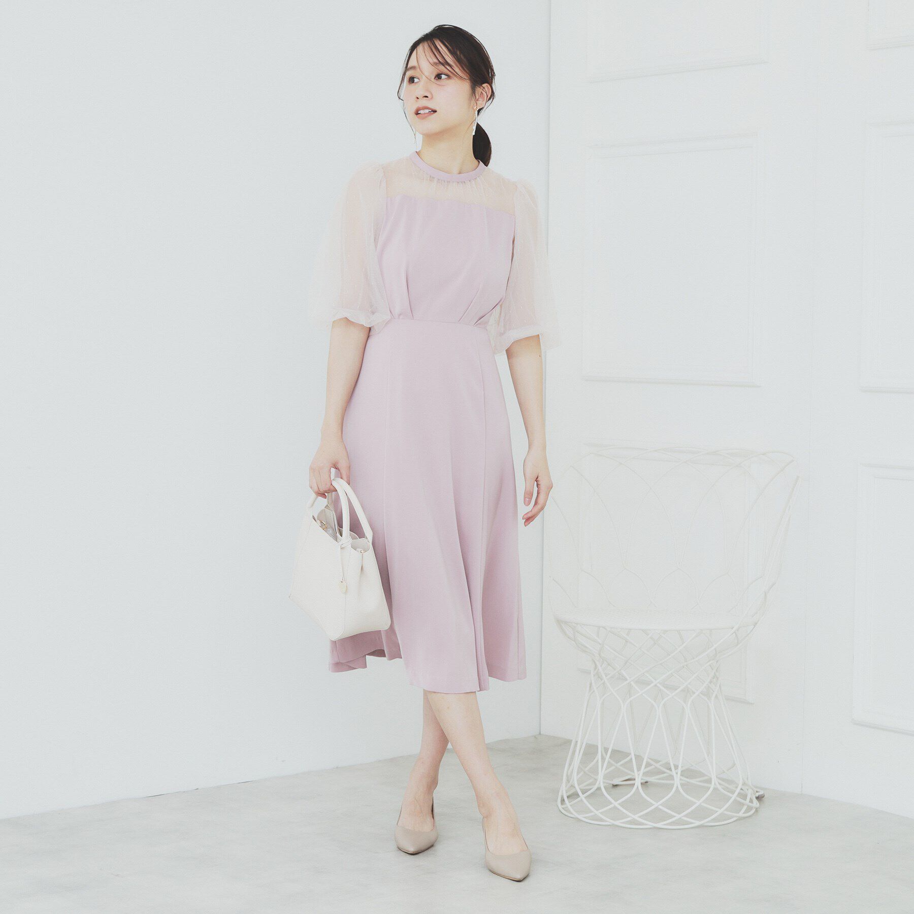 index「ドットチュールスリーブドッキングワンピース【洗濯機洗い可】」|ワンピース|