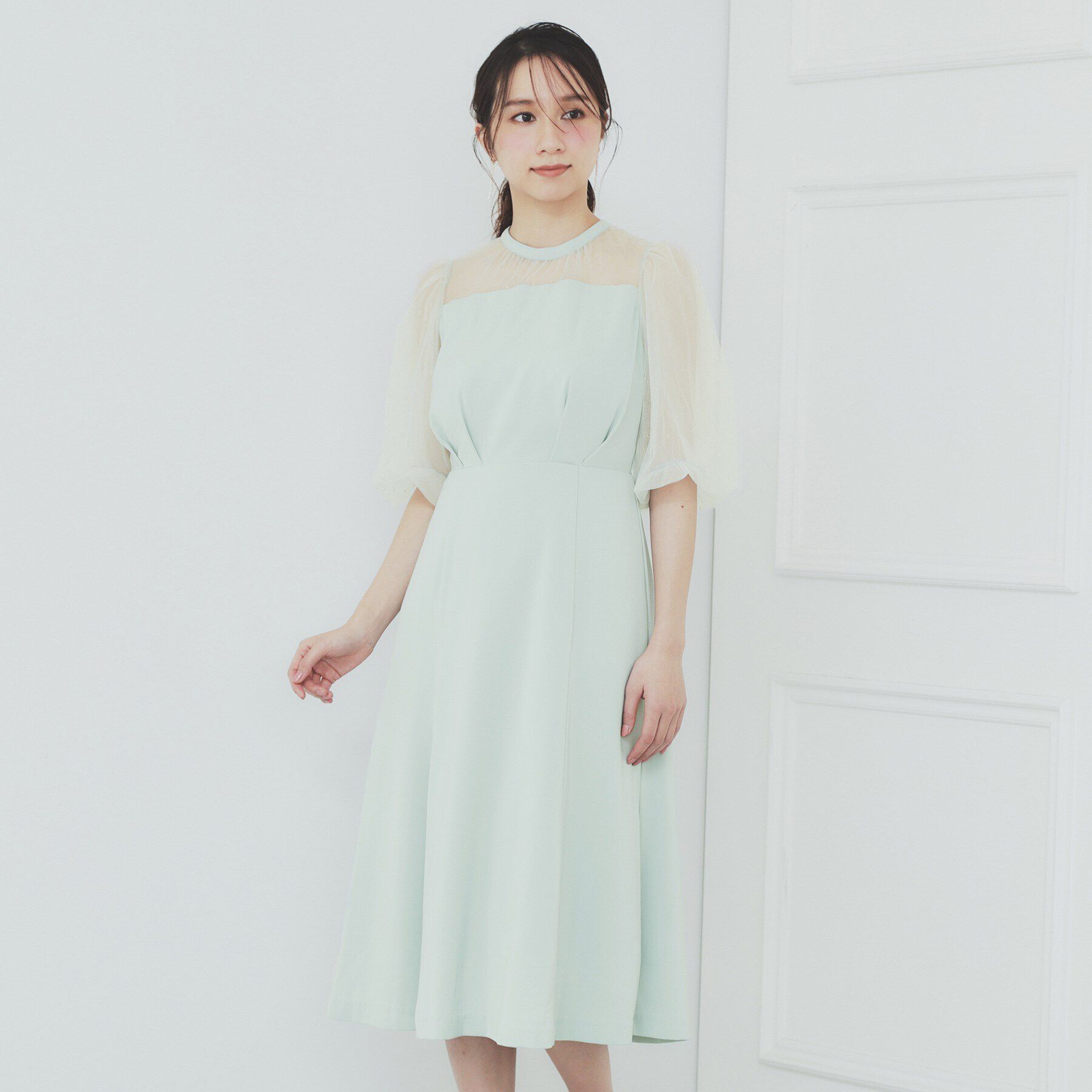 index「ドットチュールスリーブドッキングワンピース【洗濯機洗い可】」|ワンピース|