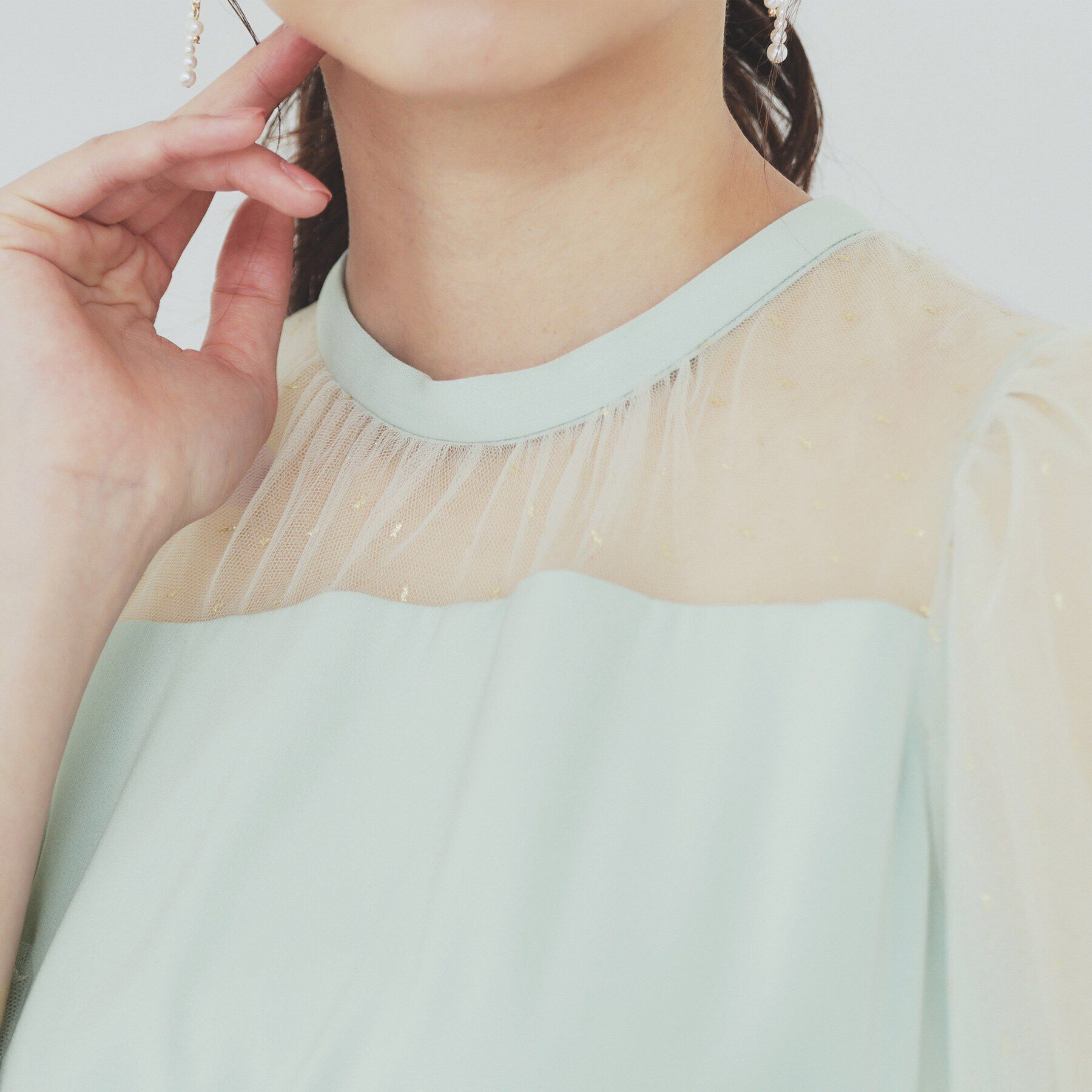 index「ドットチュールスリーブドッキングワンピース【洗濯機洗い可】」|ワンピース|