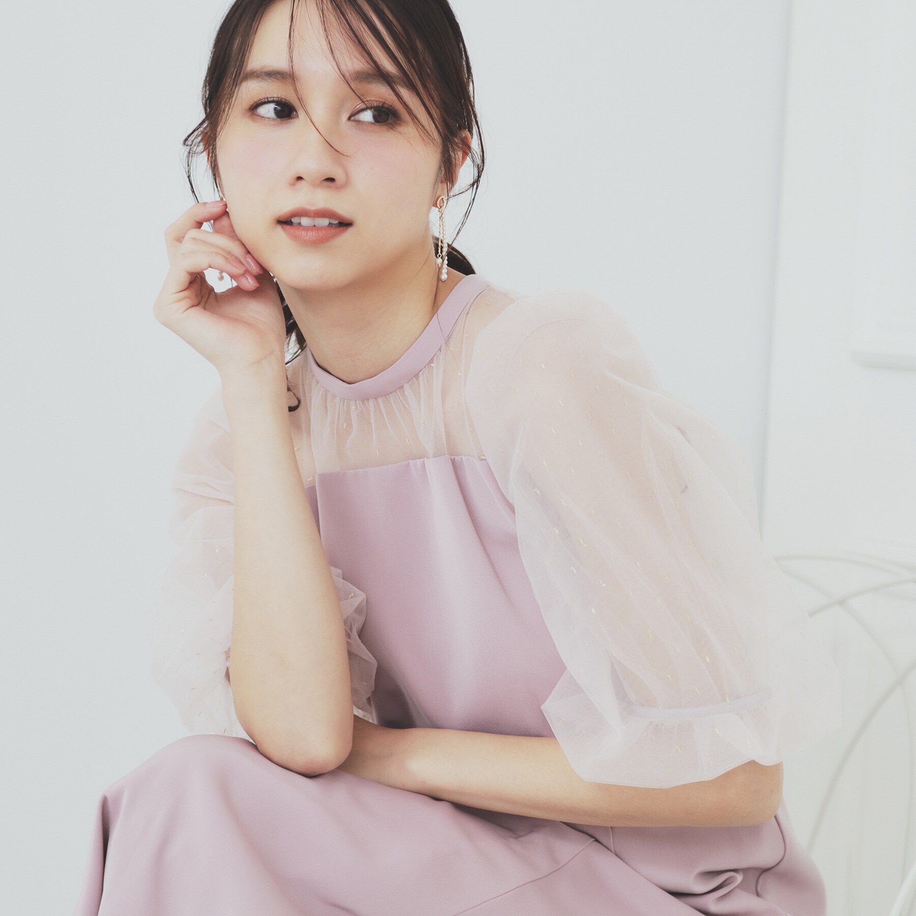 index「ドットチュールスリーブドッキングワンピース【洗濯機洗い可】」|ワンピース|ピンクベージュ(05