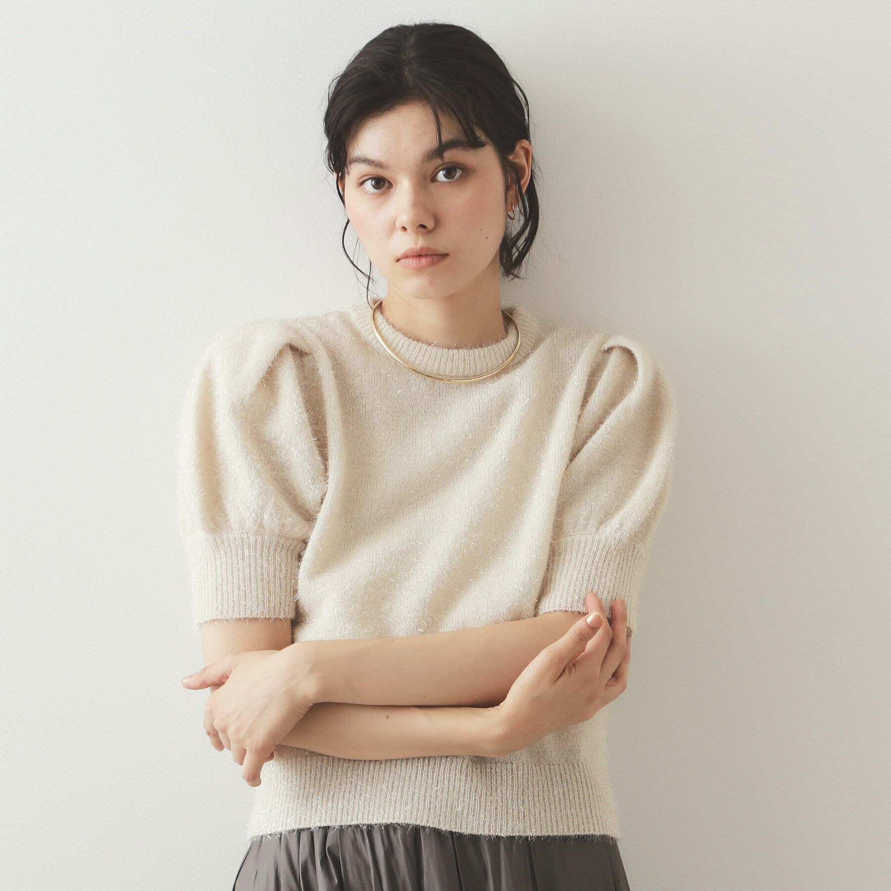 OPAQUE.CLIP「《andGIRL掲載》キラキラボリュームスリーブニット【洗濯機洗い可】」|ニット・セーター|アイボリー(604)