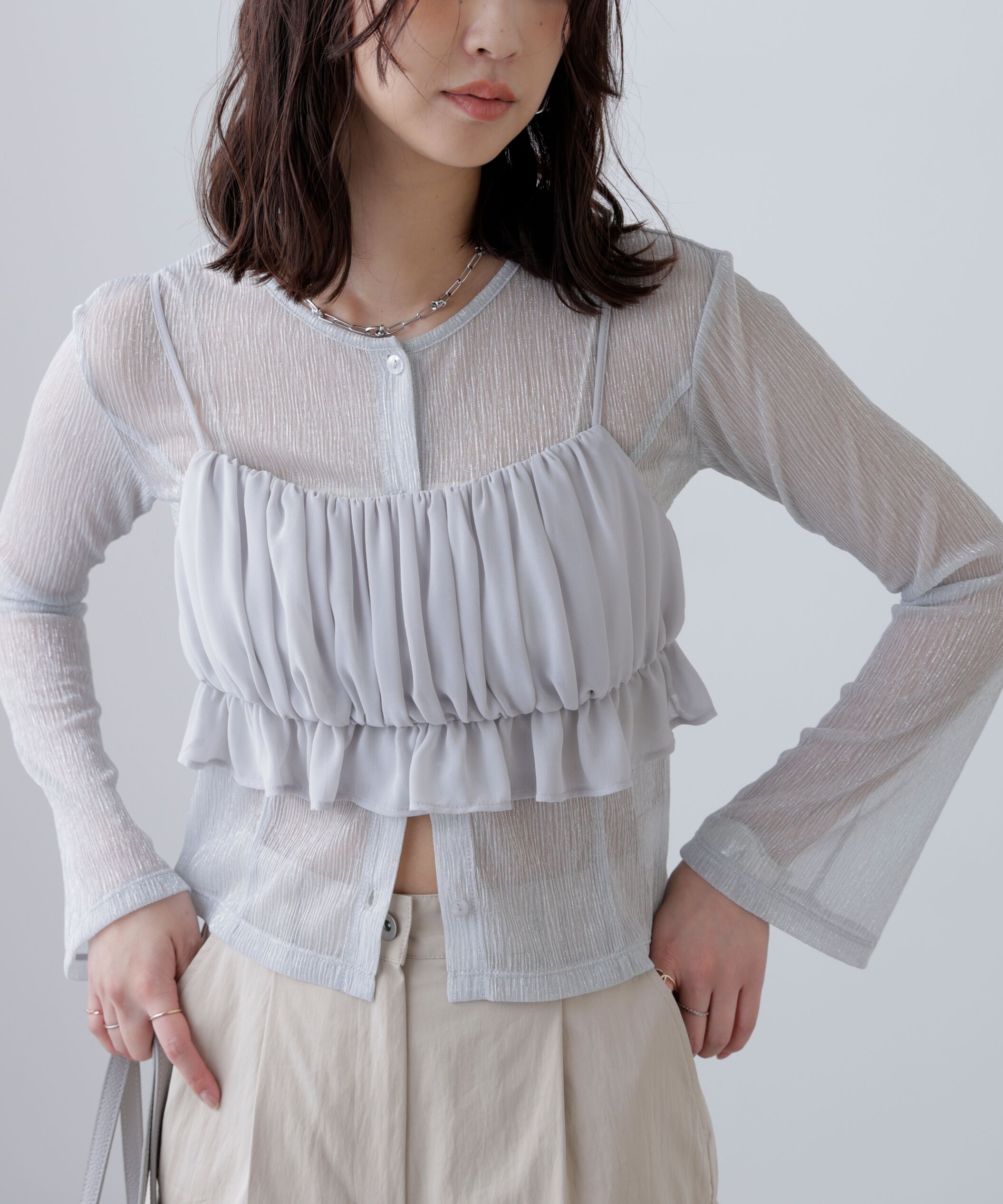  「ラメシアー楊柳カットソーカーディガン」|Tシャツ・カットソー|