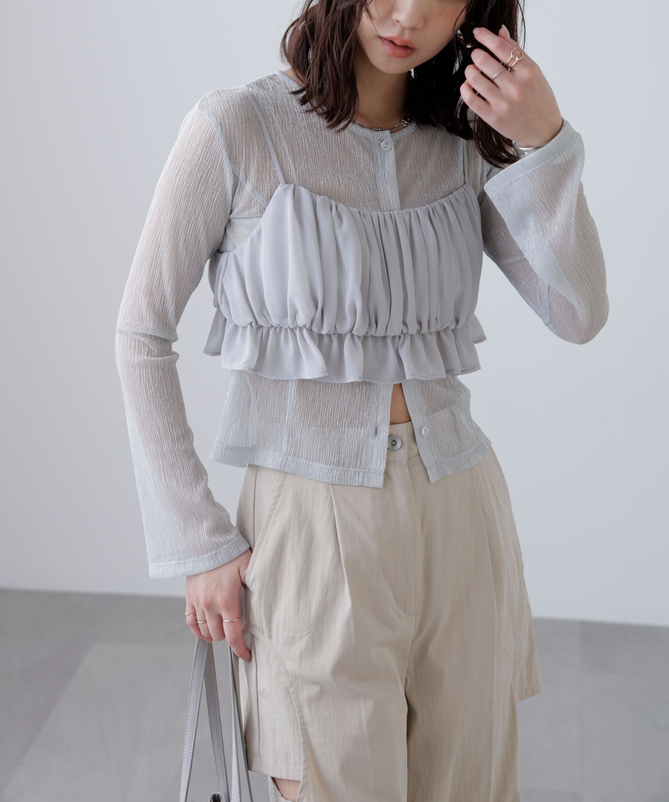  「ラメシアー楊柳カットソーカーディガン」|Tシャツ・カットソー|