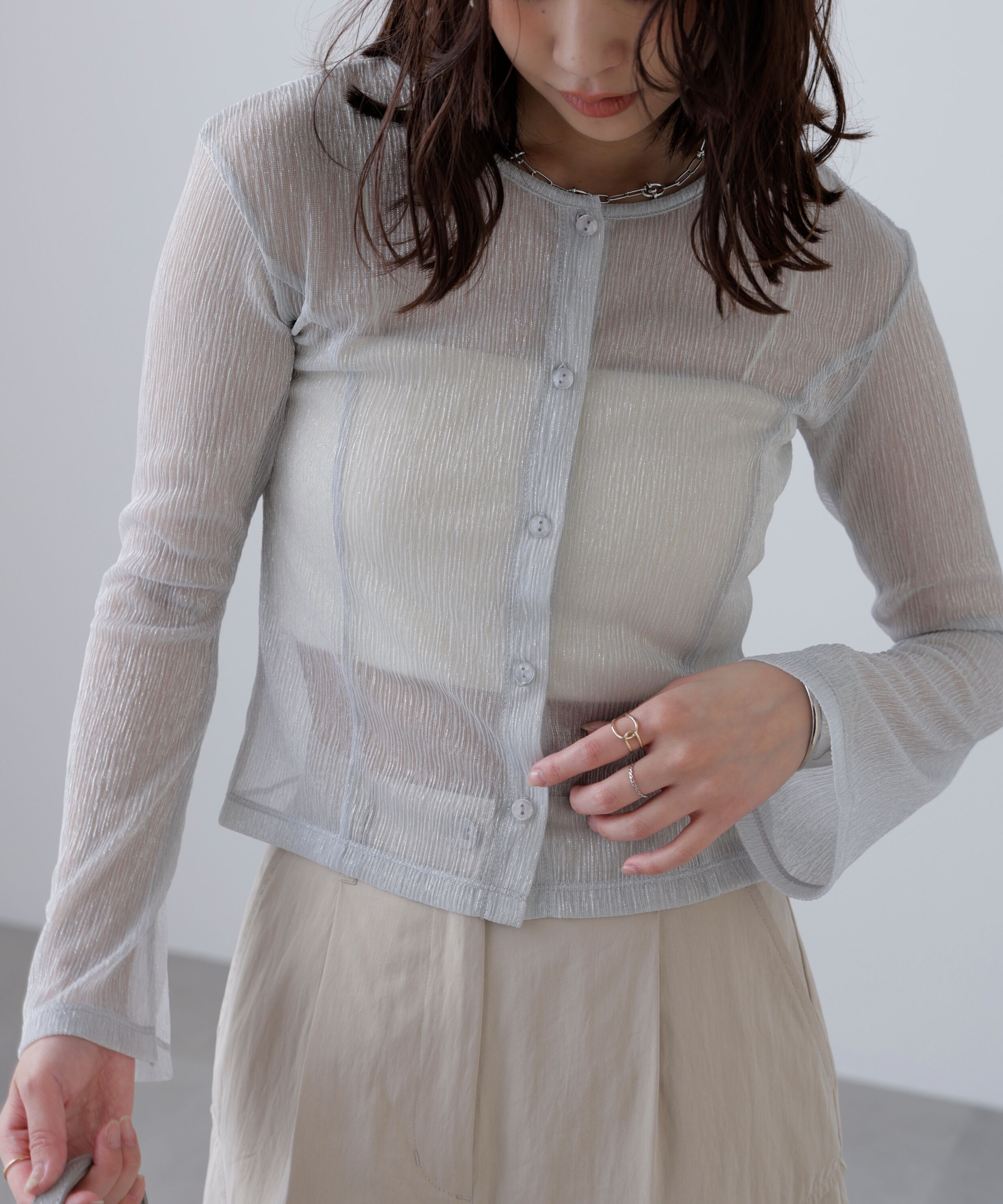  「ラメシアー楊柳カットソーカーディガン」|Tシャツ・カットソー|