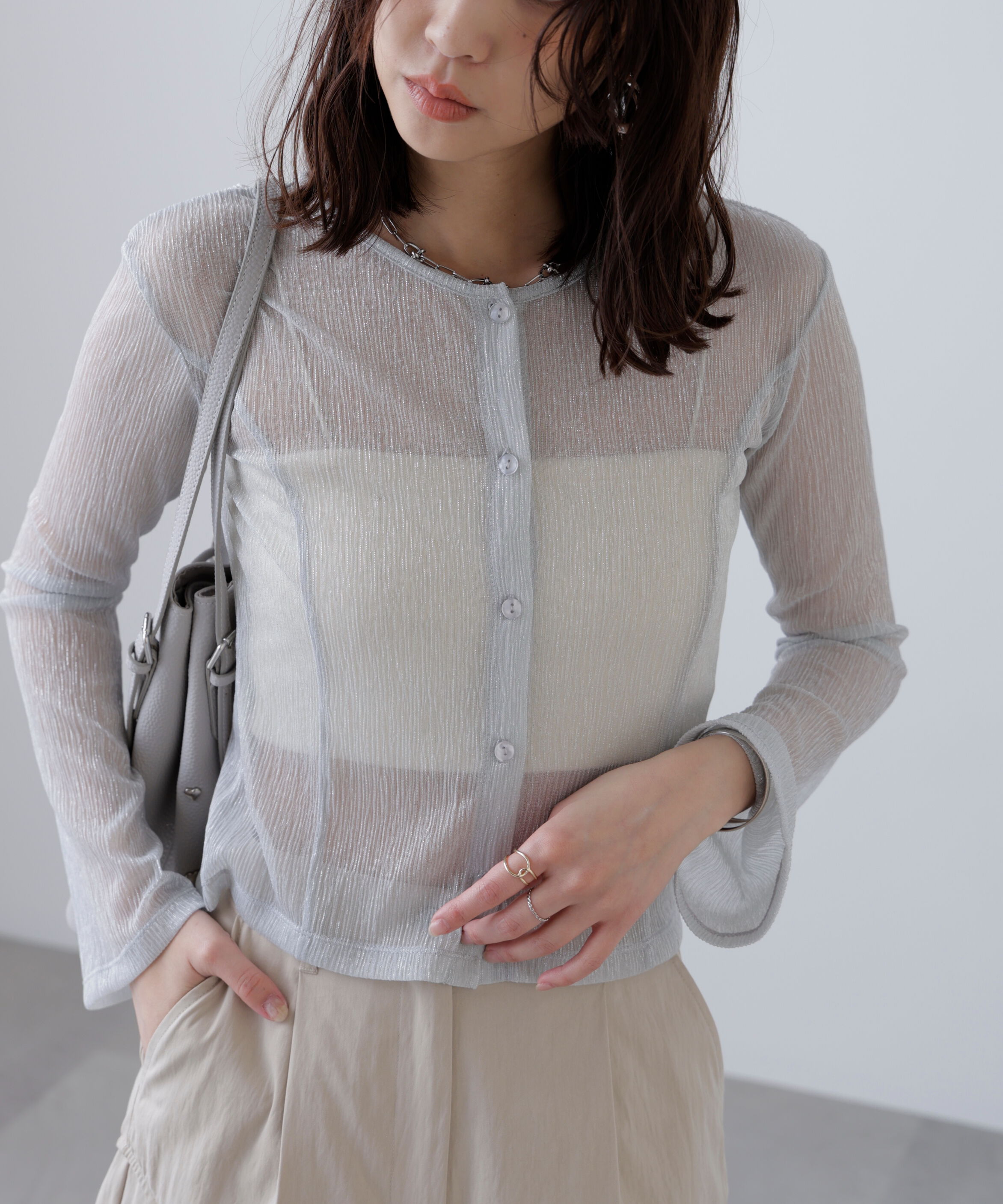  「ラメシアー楊柳カットソーカーディガン」|Tシャツ・カットソー|