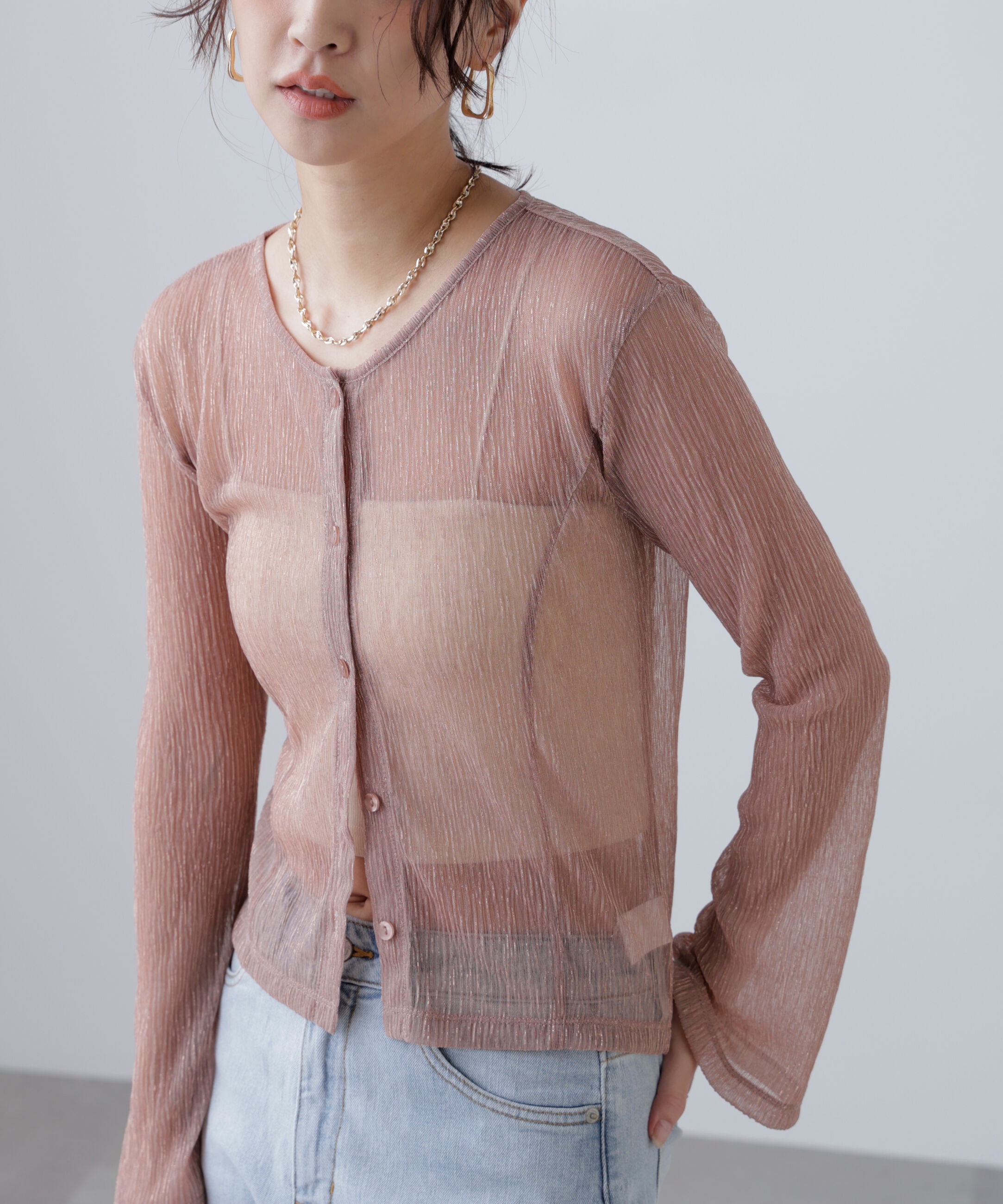  「ラメシアー楊柳カットソーカーディガン」|Tシャツ・カットソー|ピンク