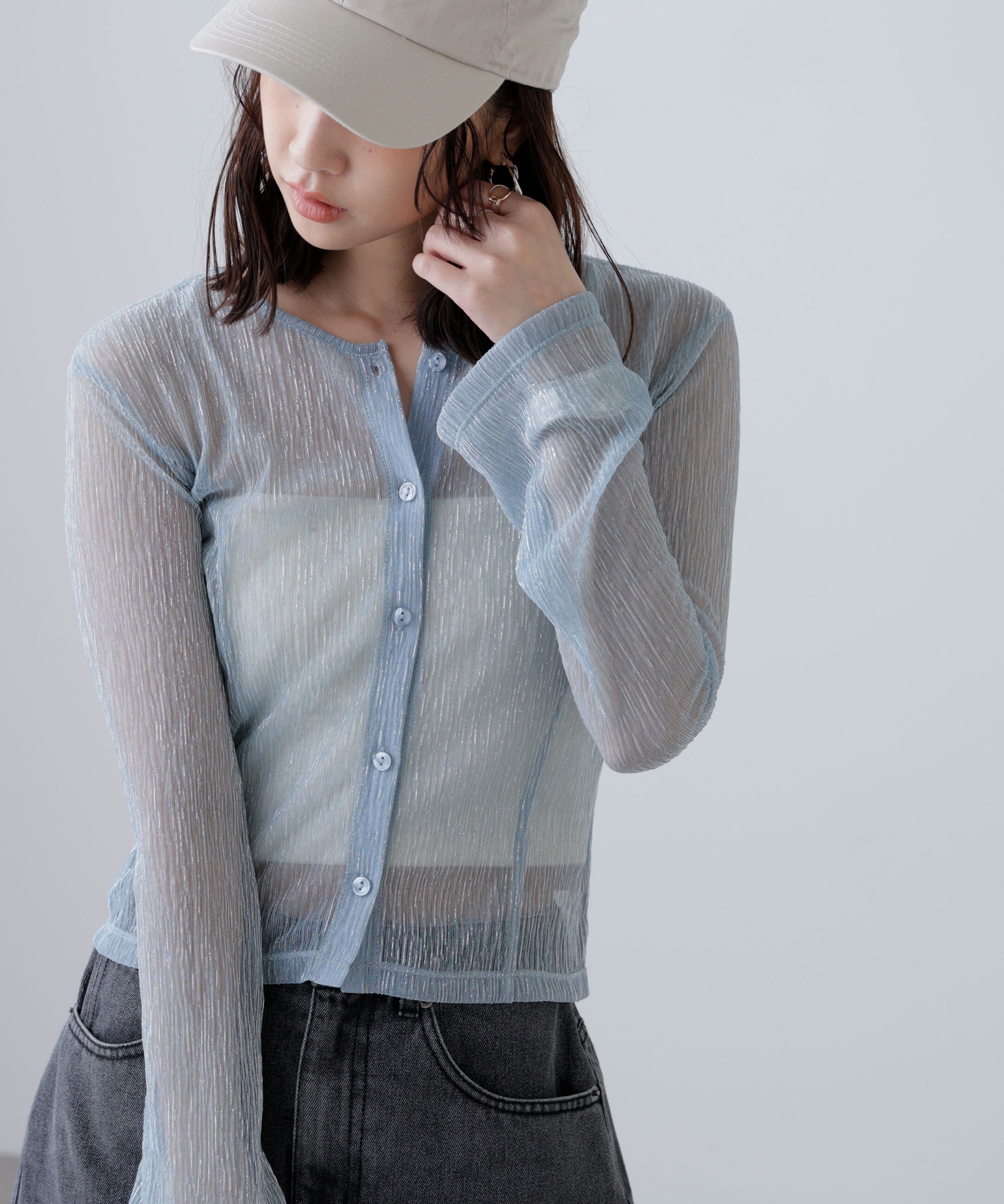  「ラメシアー楊柳カットソーカーディガン」|Tシャツ・カットソー|ブルー