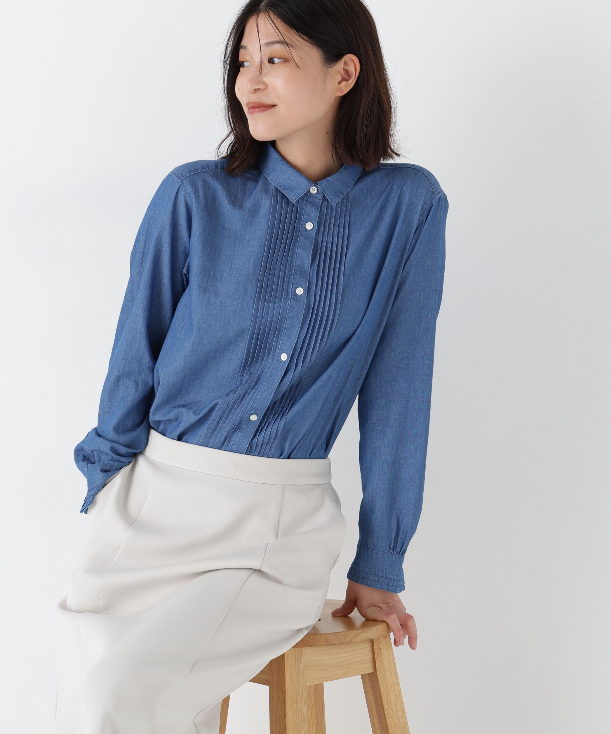  「◆ライトオンスデニムピンタックブラウス」|シャツ・ブラウス|ブルー