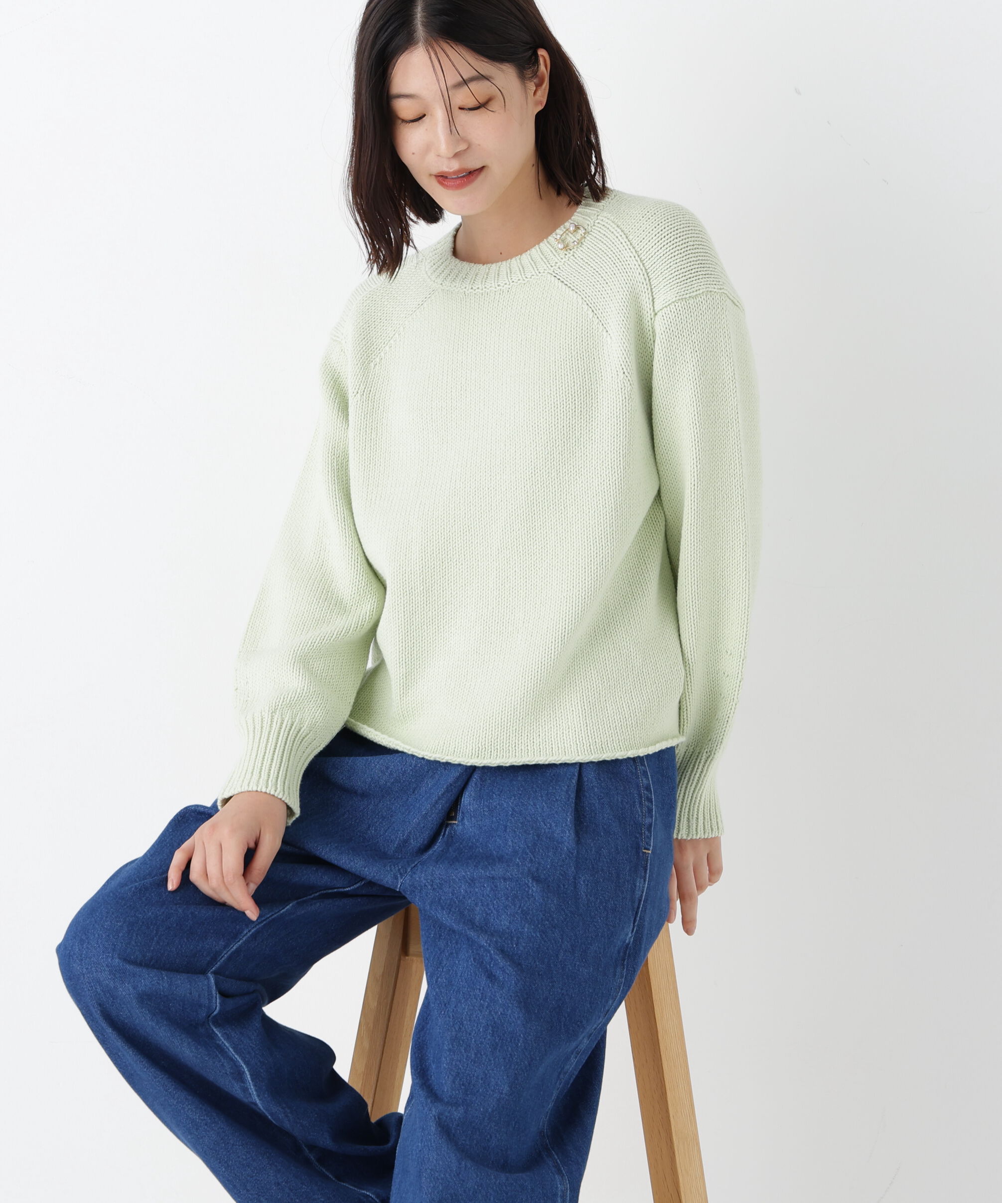  「◆コットンミックスローゲージニットプルオーバー」|ニット・セーター|ライトグリー