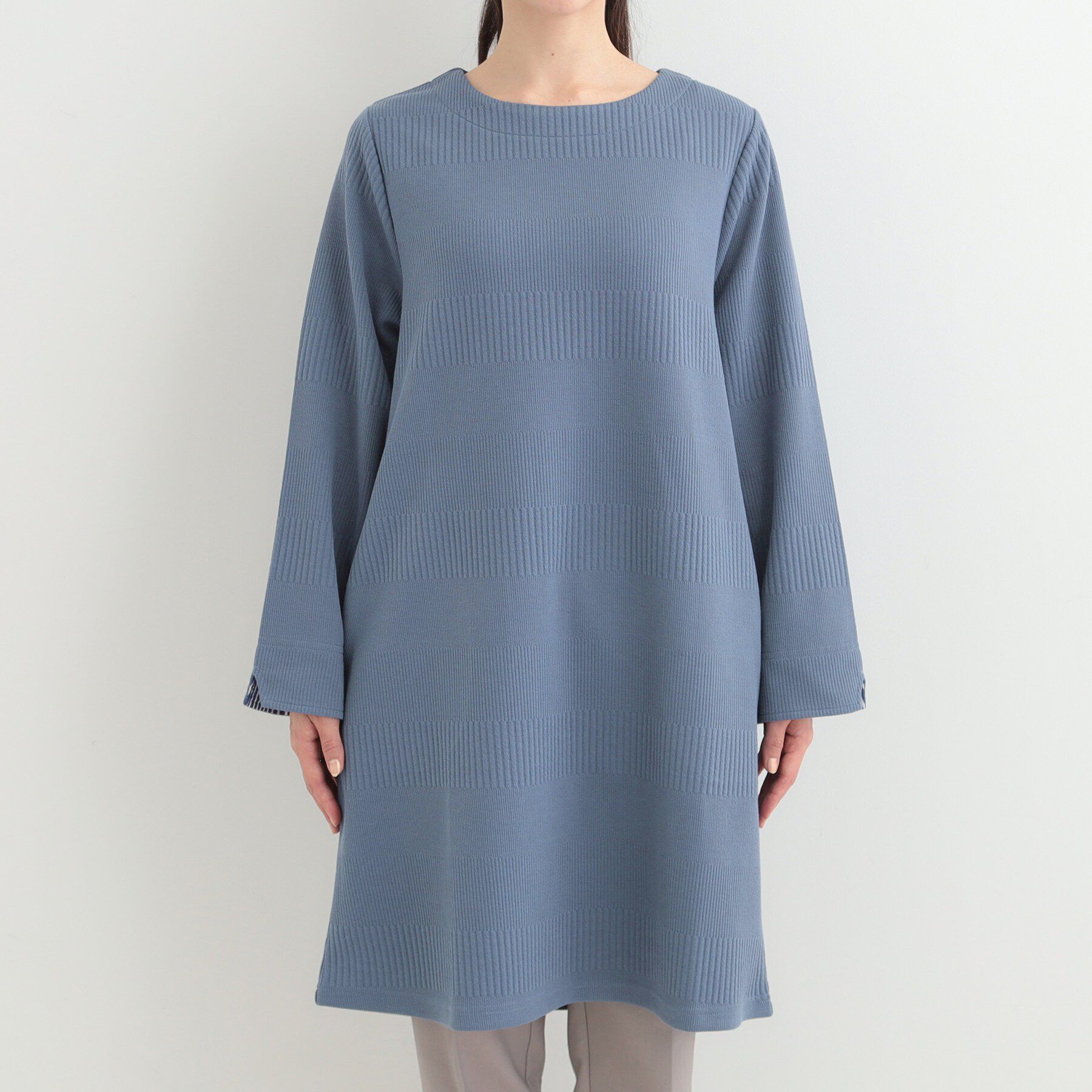 SHOO･LA･RUE「【体型カバー/洗濯機可/S-LL】お袖ストライプAラインチュニック」|チュニック|