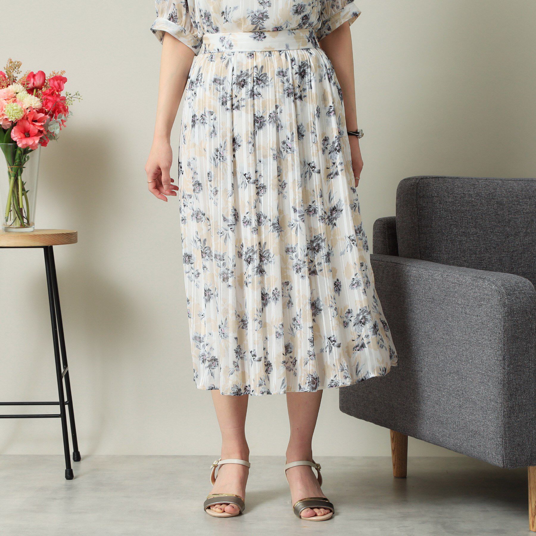 ITS&rsquo;DEMO「【ウエストゴム／手洗い可】ラメストライプ花柄スカート」|スカート|