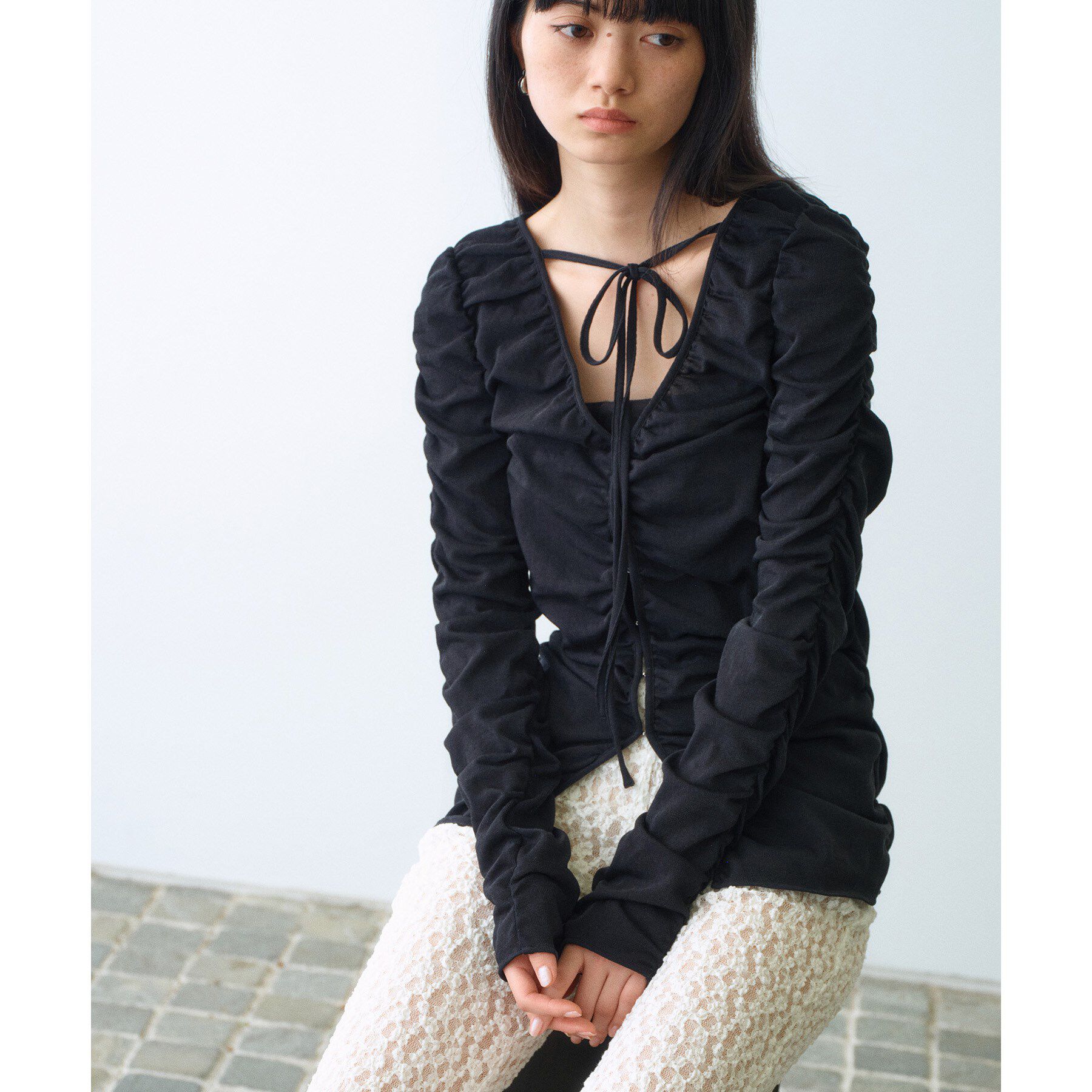 CODE A「sheer gather cardigan」|カーディガン|ブラック(019)