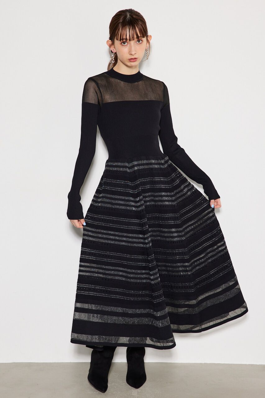 rienda「シアーボーダーフレアKnit OP」|ワンピース|BLK