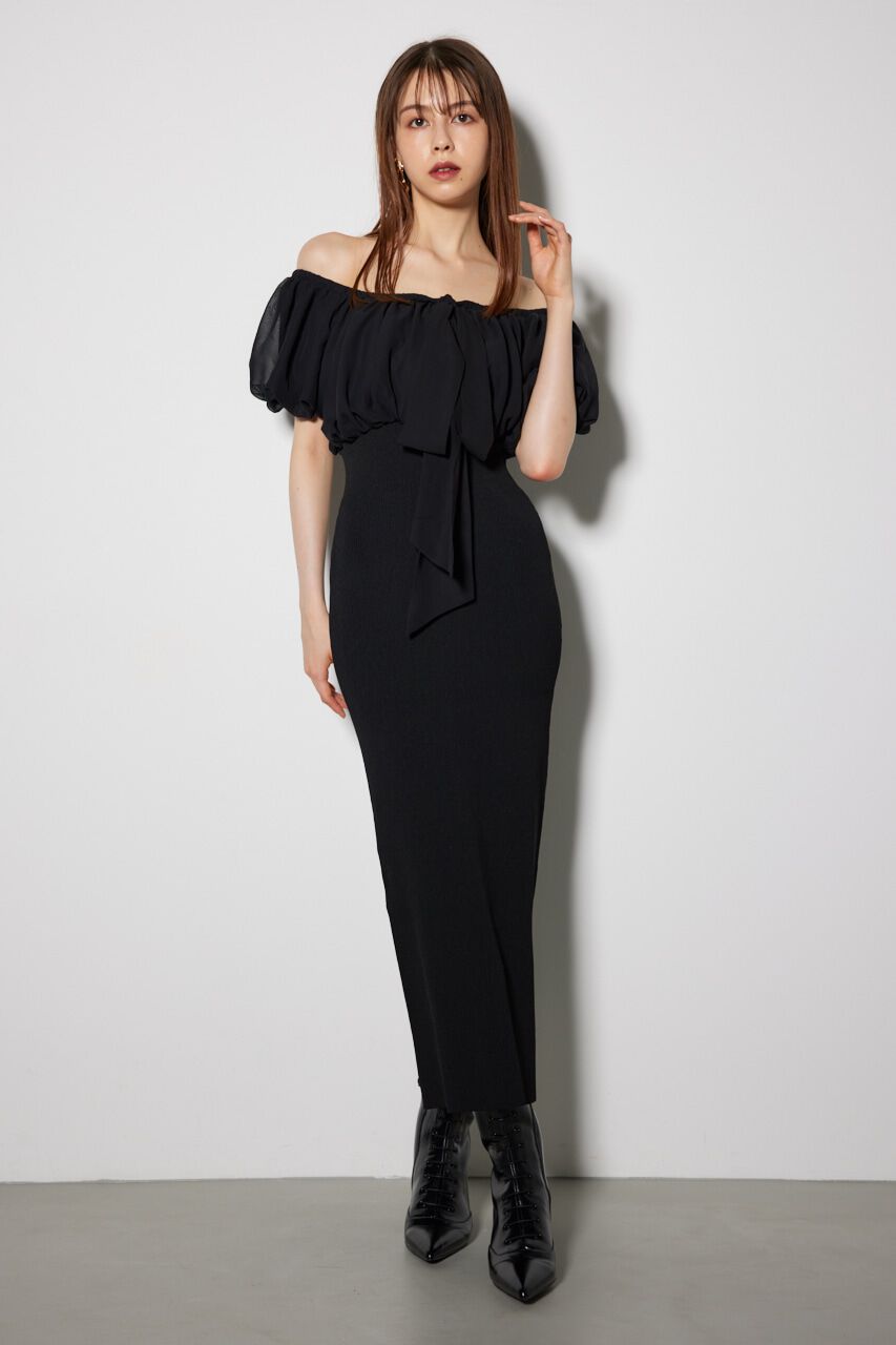 rienda「シフォンオフショルタイトニットワンピース」|ワンピース|BLK
