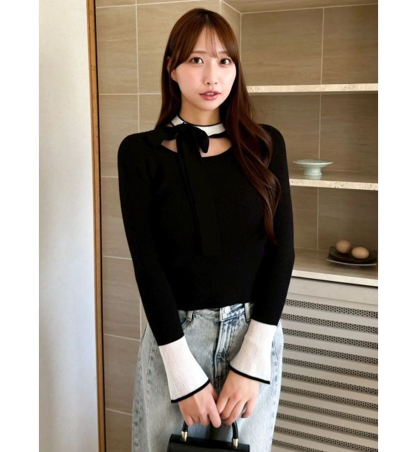 dazzlin「ビッグリボンシアーカフスニットトップス」|ニット・セーター|ブラック