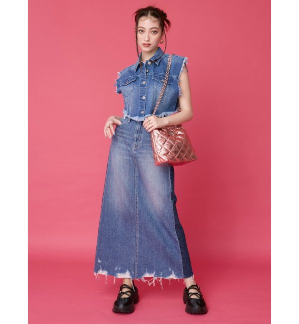 EVRIS「フリンジデザインデニムショートベスト」|デニムジャケット|